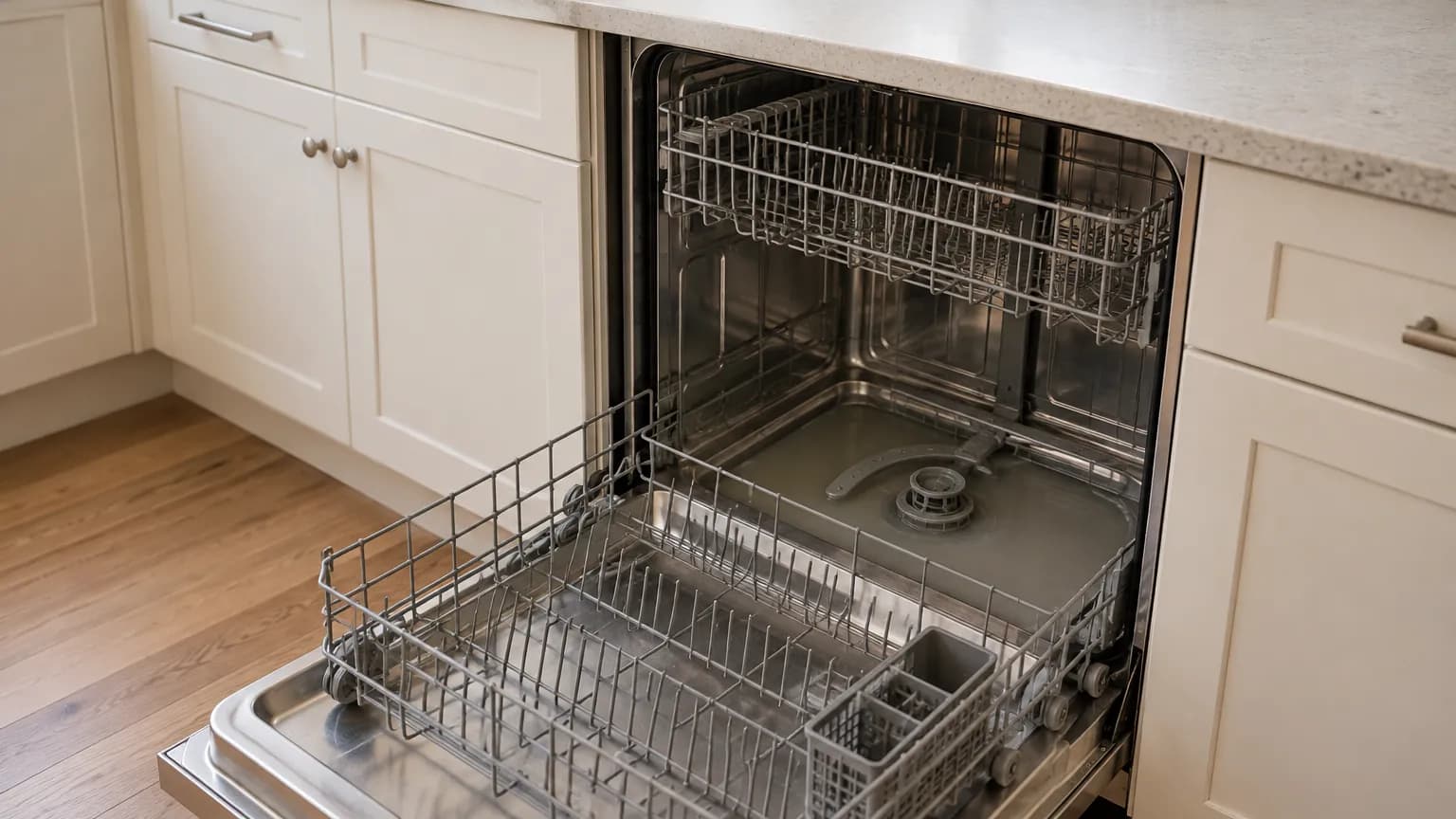 Open dishwasher with the lower rack pulled out and standing water around the filter