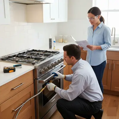 Technician servicing a gas range in a kitchen