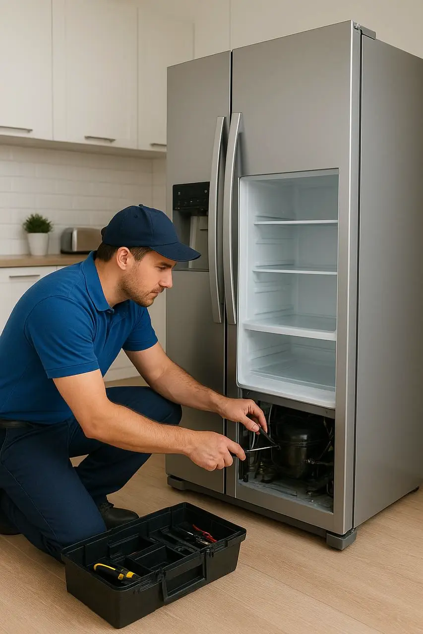Technician repairing a refrigerator compressor