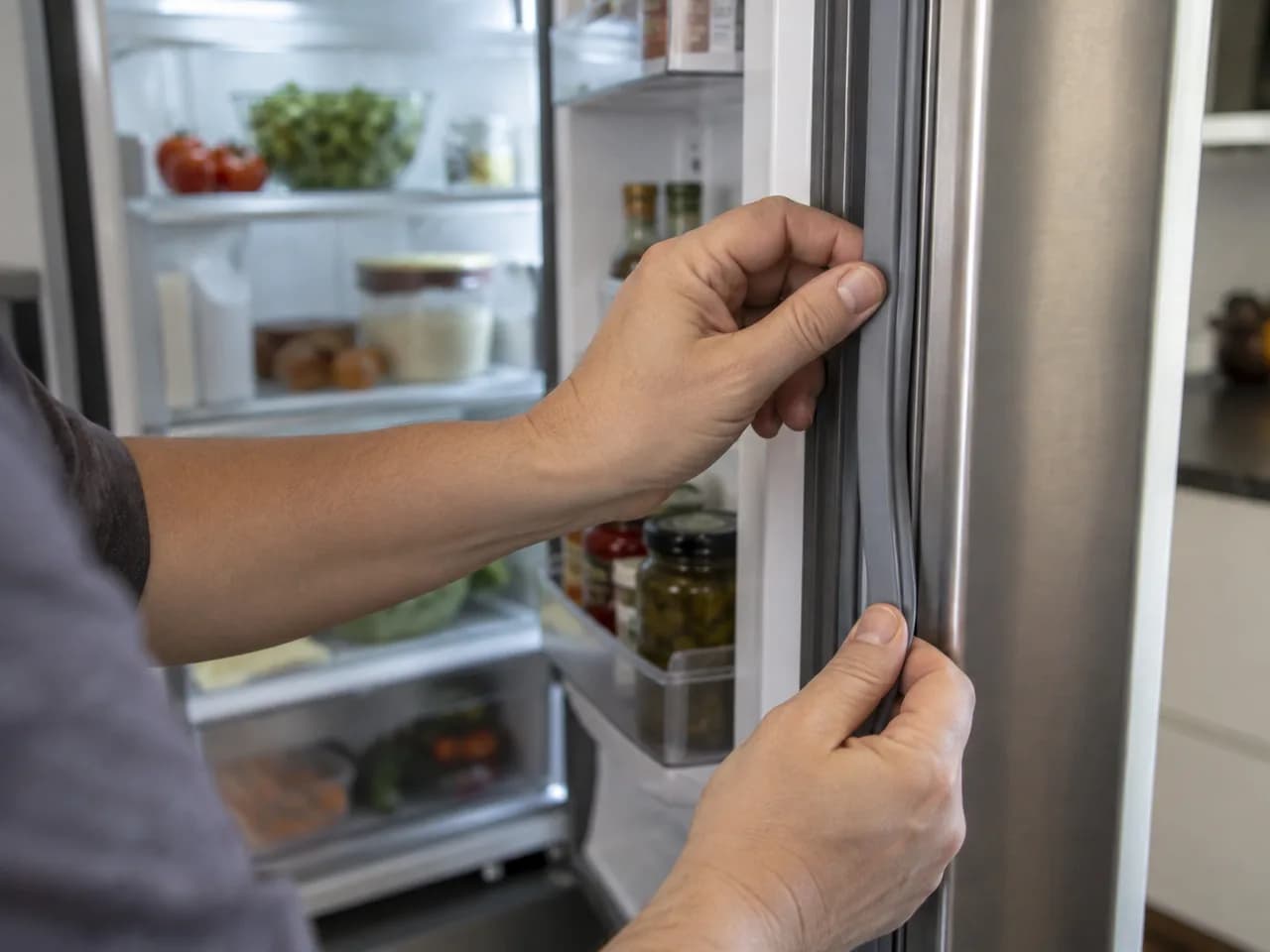 Hands checking the rubber door gasket of an open refrigerator for tears