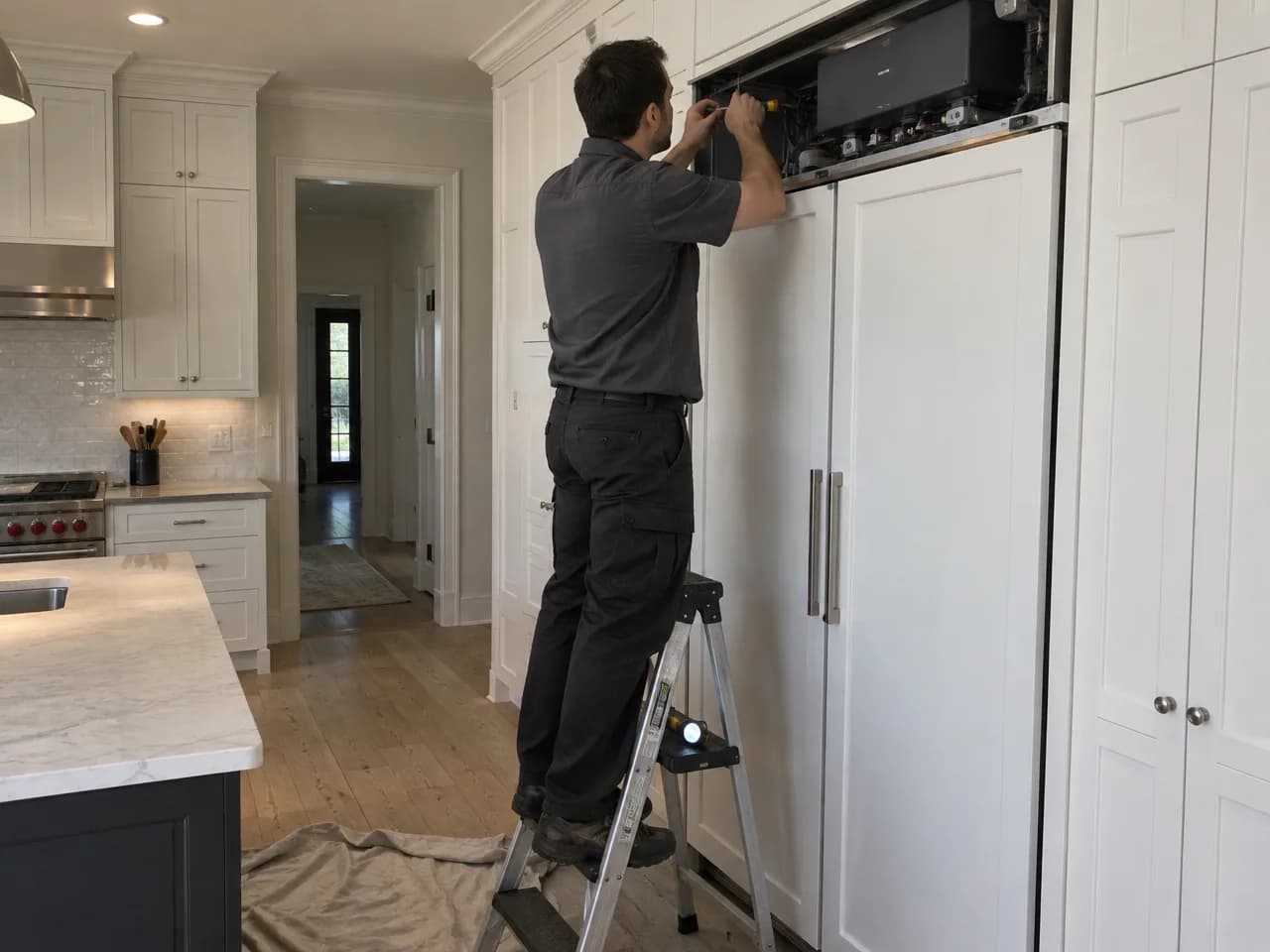 Technician on a step ladder working on the top machine compartment of a built-in panel refrigerator