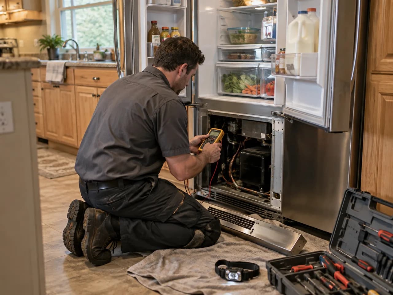 Technician kneeling at an open French-door refrigerator, testing the lower compartment with a multimeter