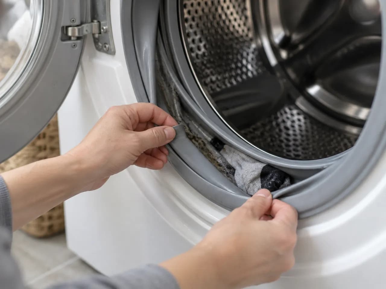 Hands pulling back the rubber door seal of a front-load washer to find a trapped sock