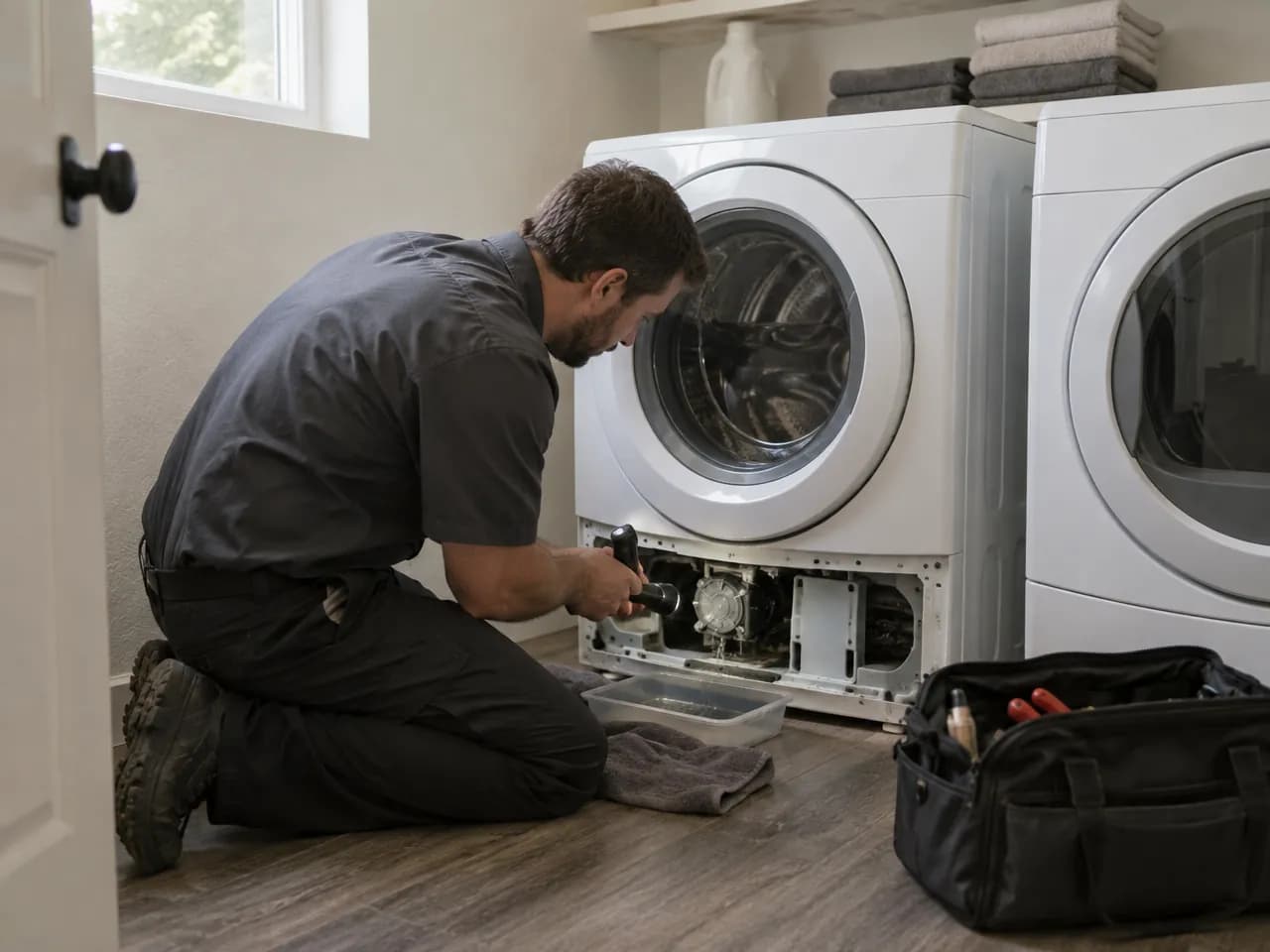 Technician kneeling at a front-load washer with the lower panel off, checking the drain pump with a flashlight