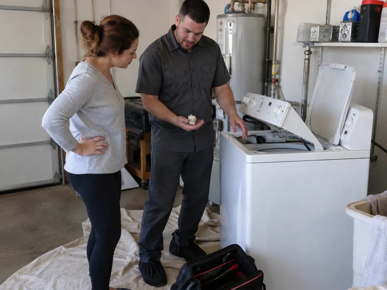 Technician in a garage laundry showing the homeowner a part removed from her top-load washer